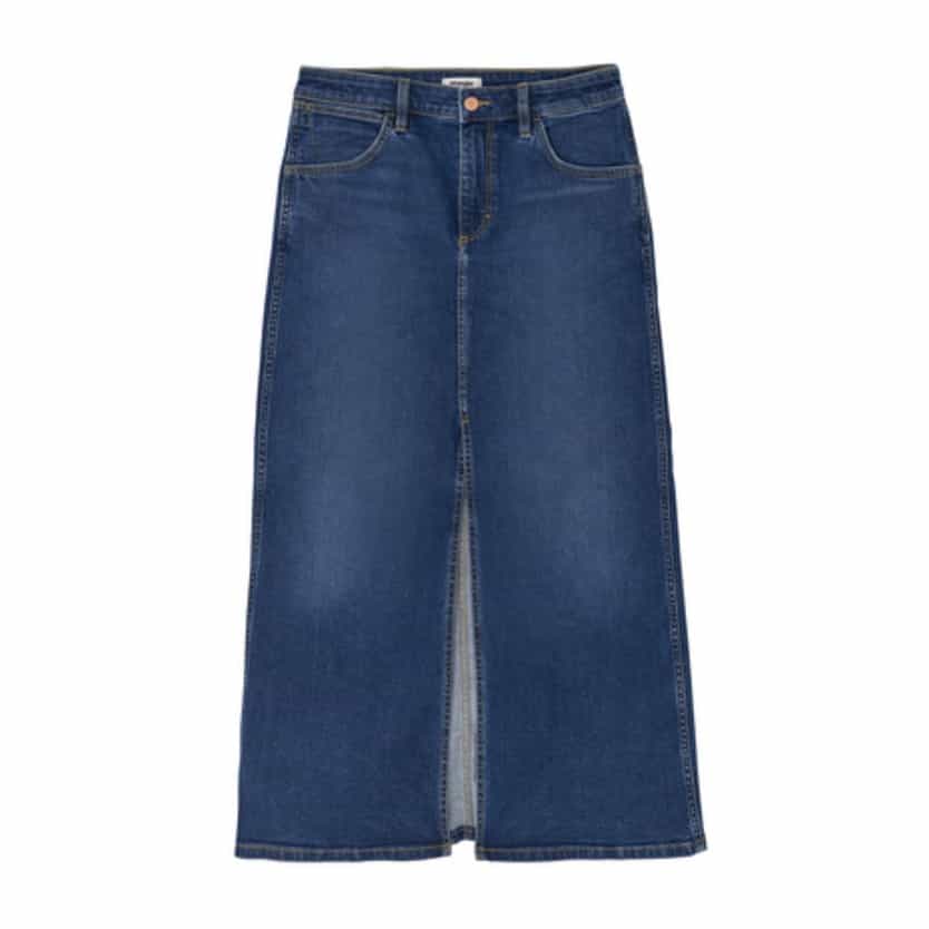 Image of a dark jean skirt with a slit at the front