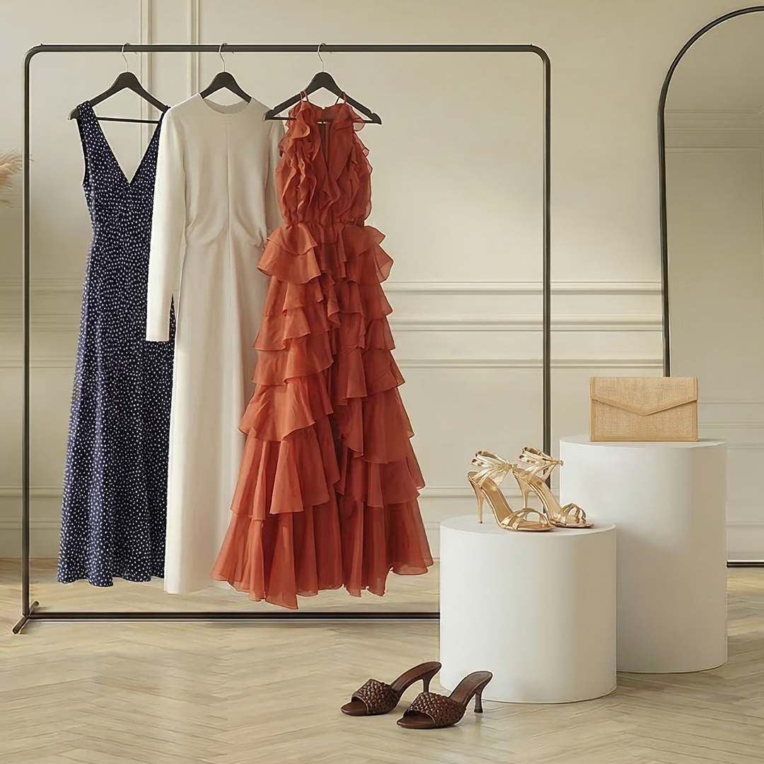 dress hung on rail with heels